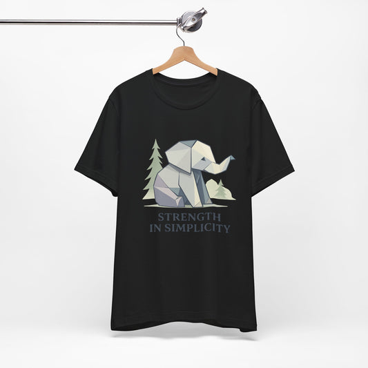 Black Geometric Origami Elephant Strength in Simplicity T-Shirt on hanger
