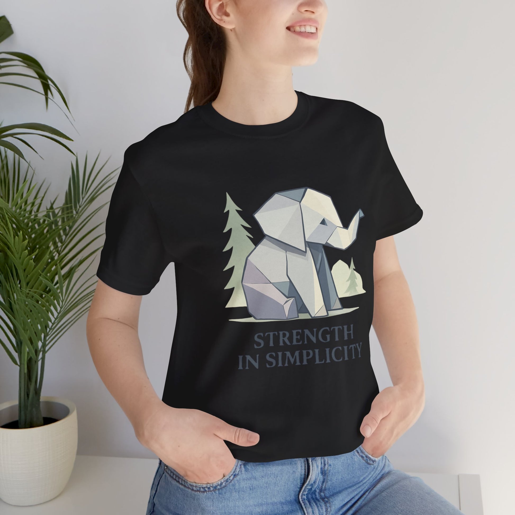 Black Geometric Origami Elephant Strength in Simplicity T-Shirt  Design on model