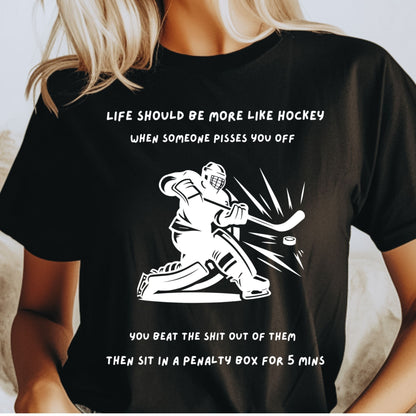 Black t-shirt o female model with hockey graphic and humorous text worn by a person.