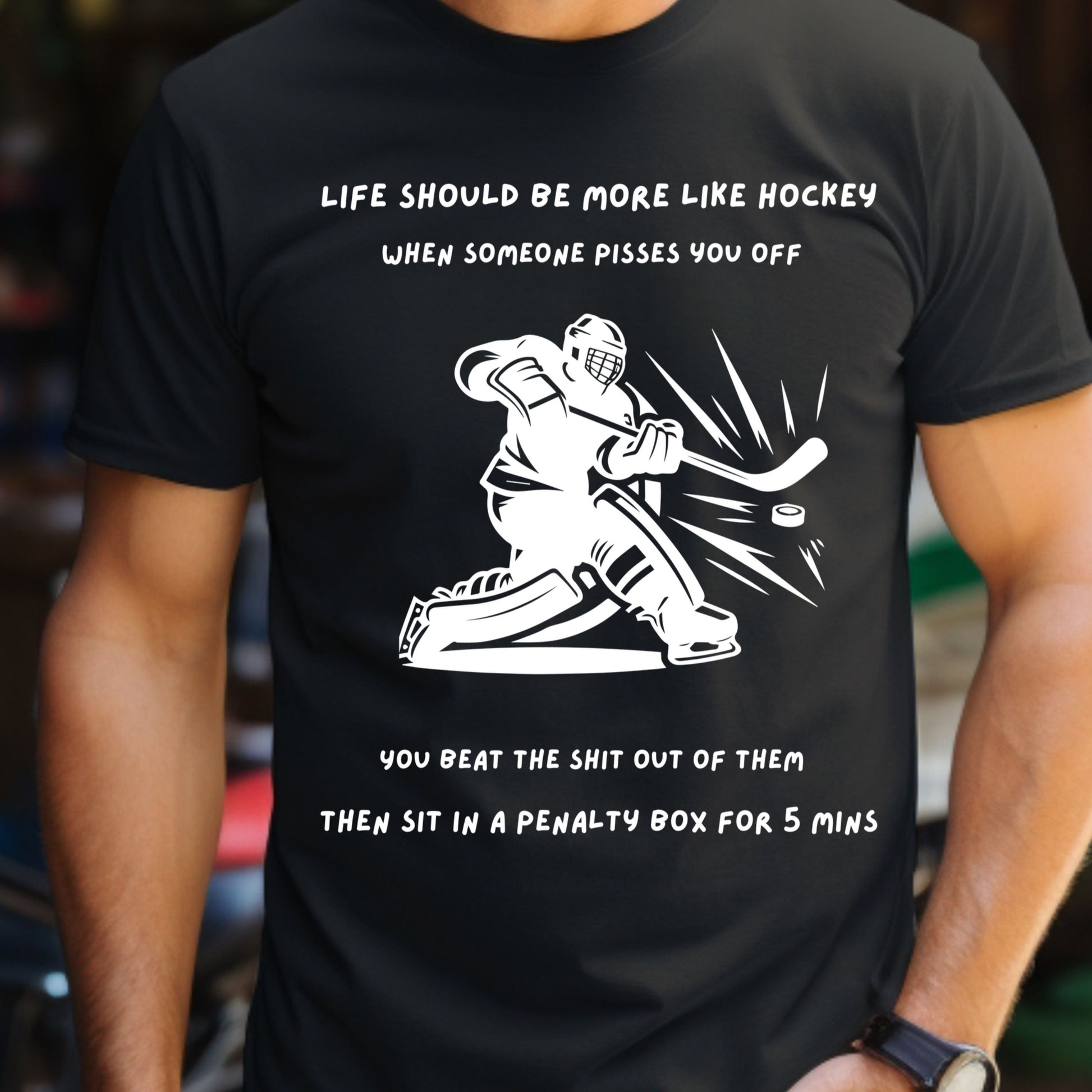 Black t-shirt with hockey graphic and humorous text on male model