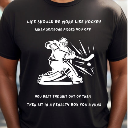 Black t-shirt with white graphic and text about hockey
