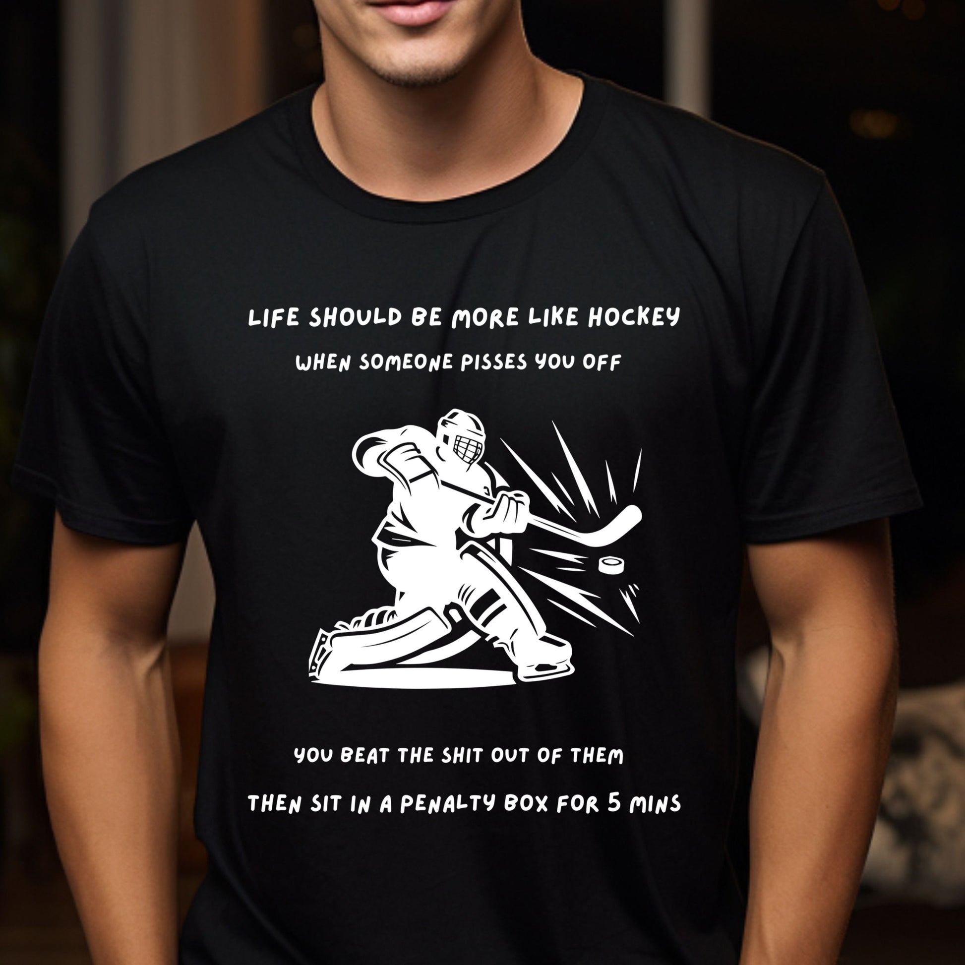 Black t-shirt with white graphic and text about hockey, worn by a person.