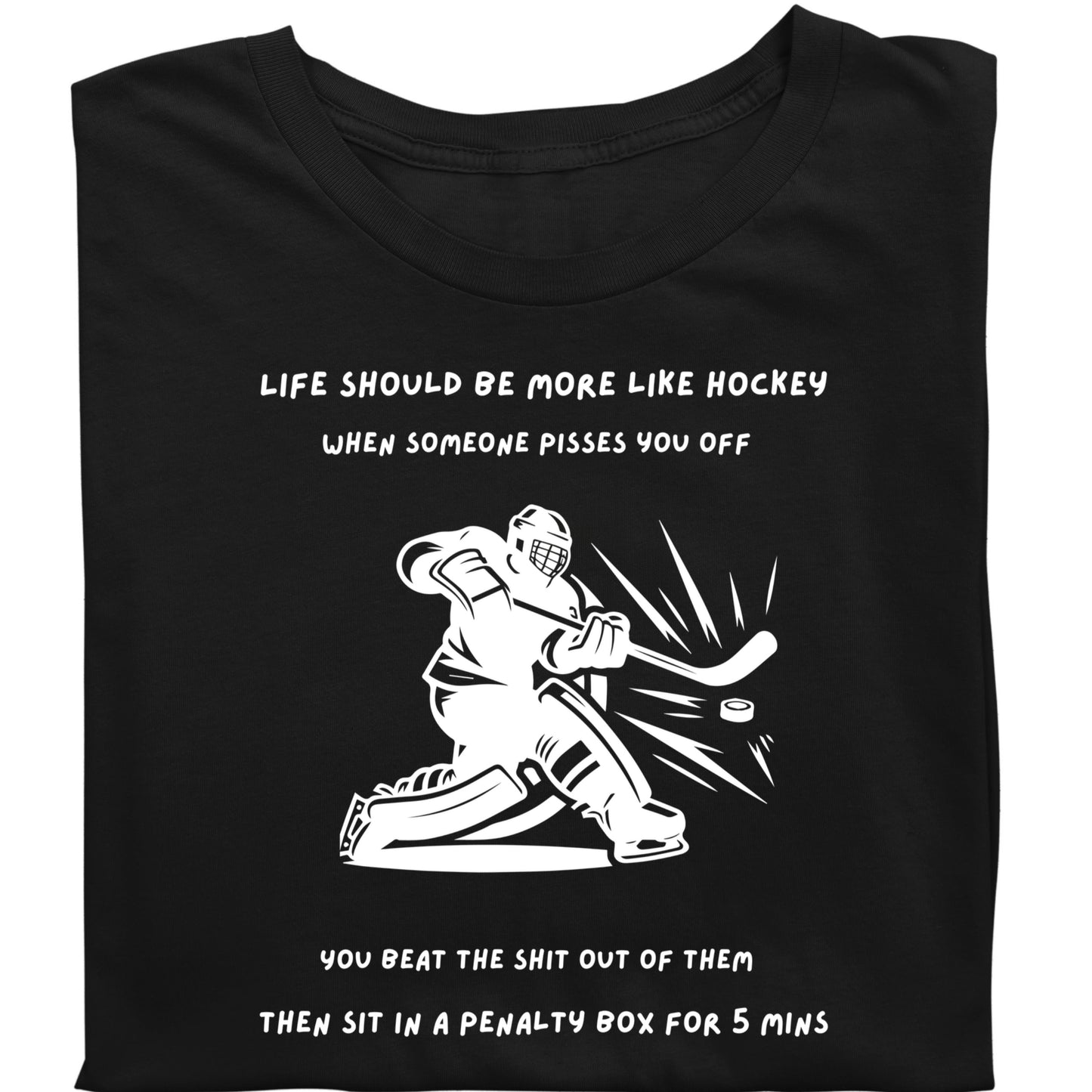 Folded Black t-shirt with white graphic and text about hockey on a white background