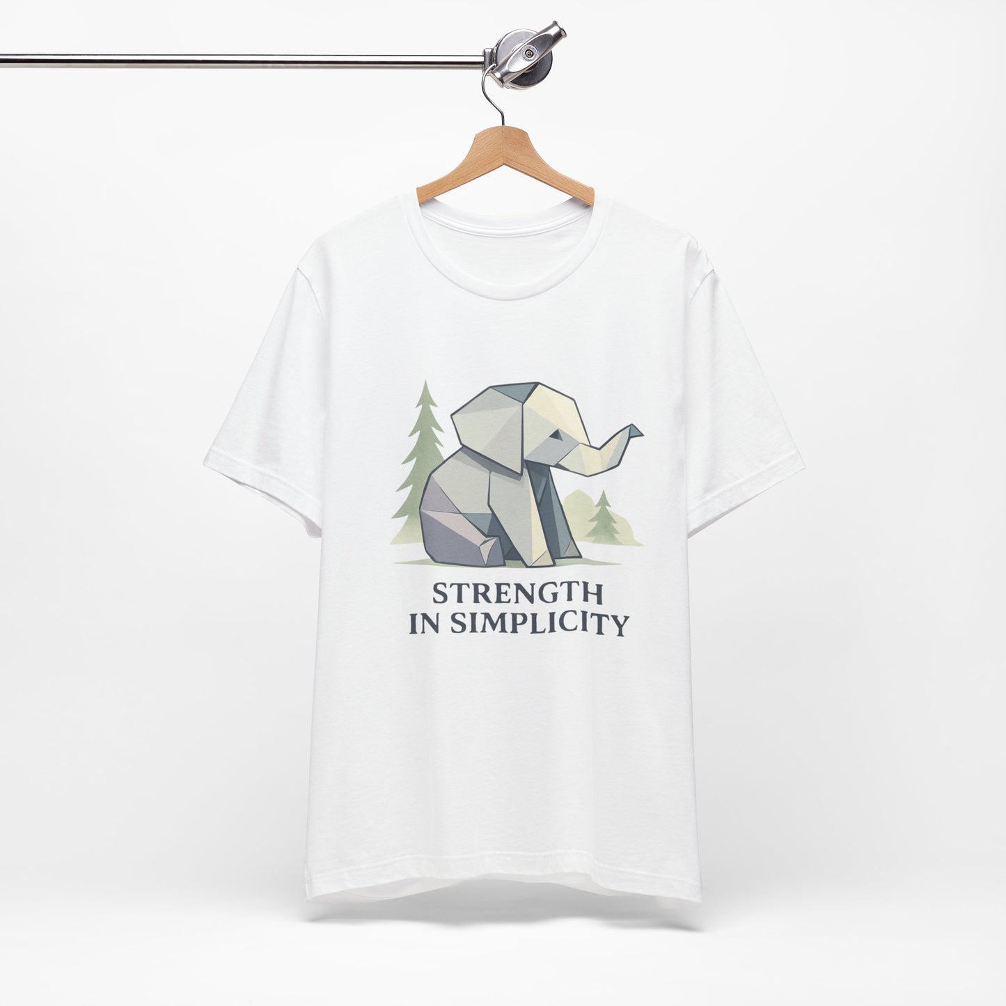 Geometric Origami Elephant Strength in Simplicity White T-Shirt Design on hanger