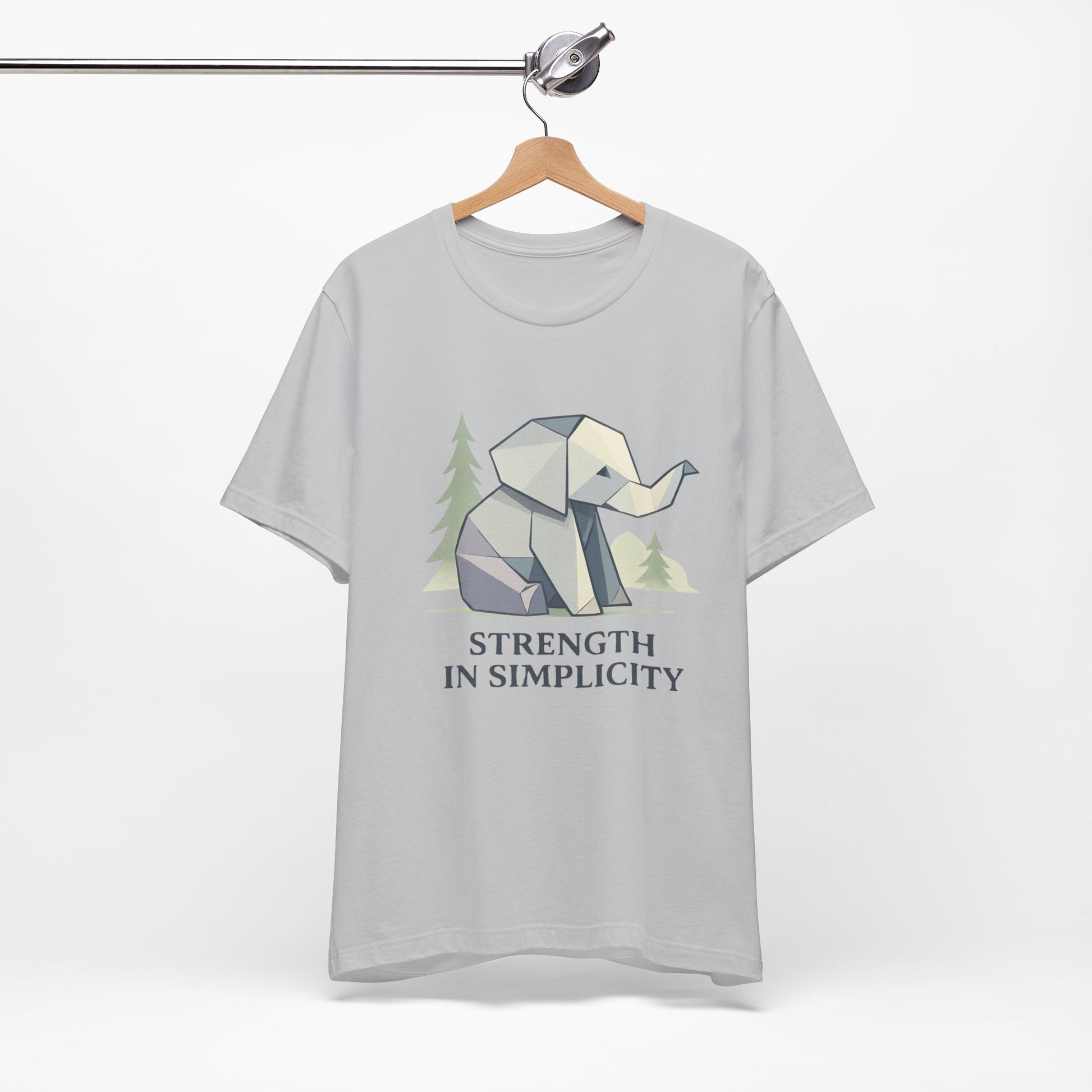 Geometric Origami Elephant Strength in Simplicity solid athletic grey T-Shirt Design on hanger