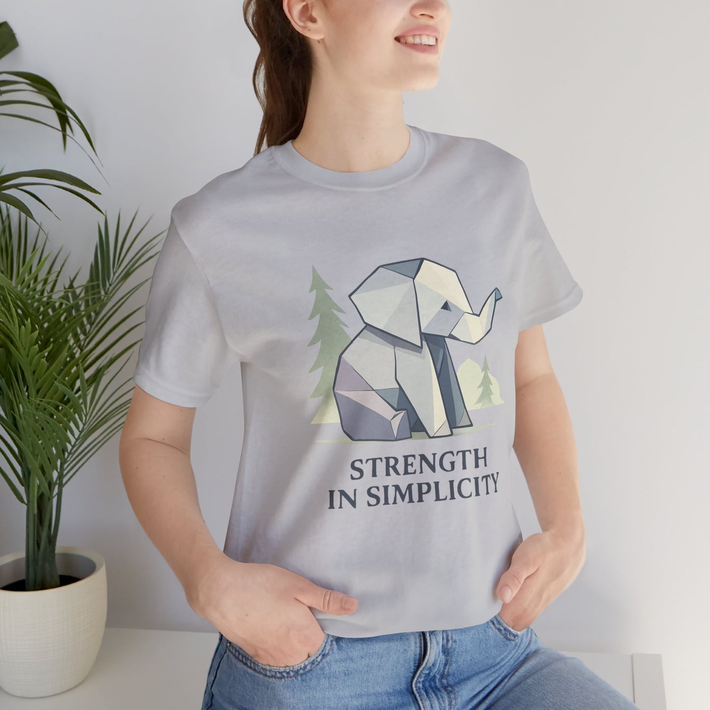 Geometric Origami Elephant Strength in Simplicity solid athletic grey T-Shirt Design on model