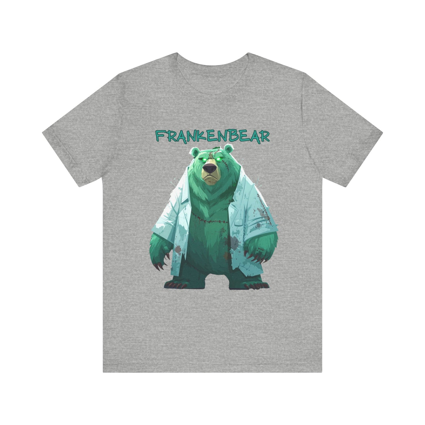 Grizzly Bear dressed as Frankenstein for Halloween on grey
