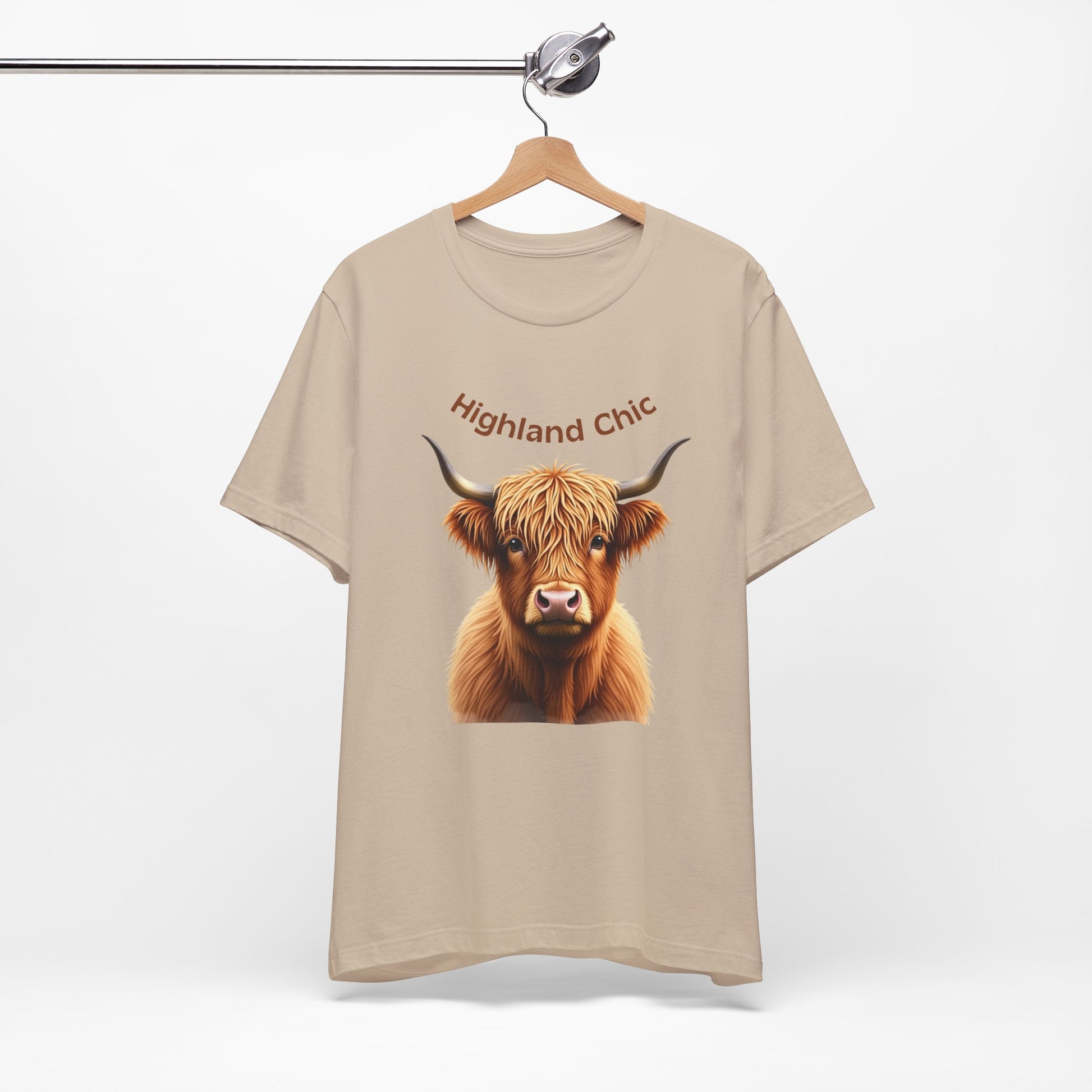 Highland Chic - Highland Cow tan T-shirt on hanger