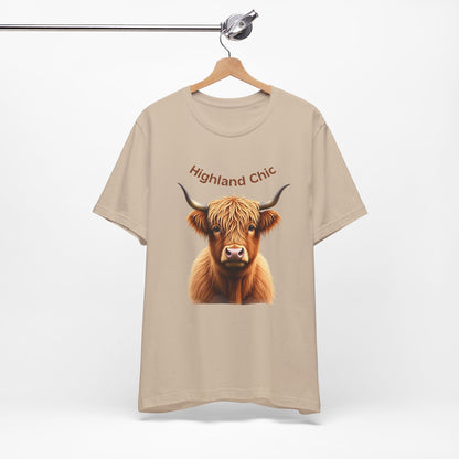 Highland Chic - Highland Cow tan T-shirt on hanger