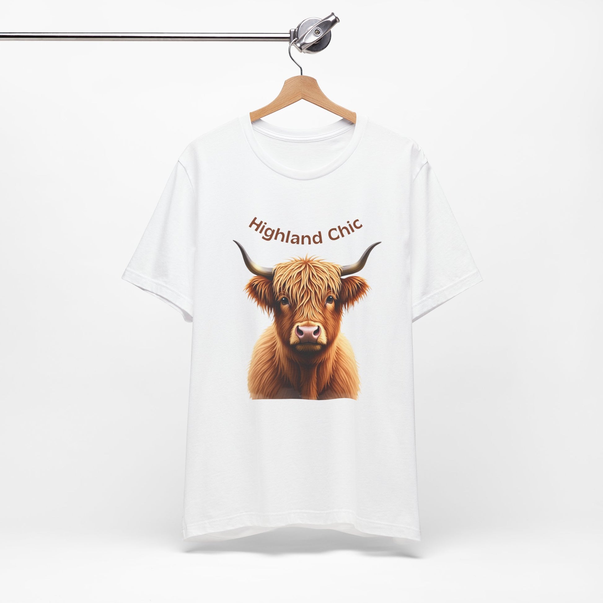 Highland Chic - Highland Cow white T-shirt on hanger
