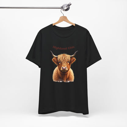 Highland Chic Highland Cow Black T-Shirt Design on hanger