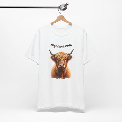 Highland Chic Highland Cow T-Shirt Design on hanger