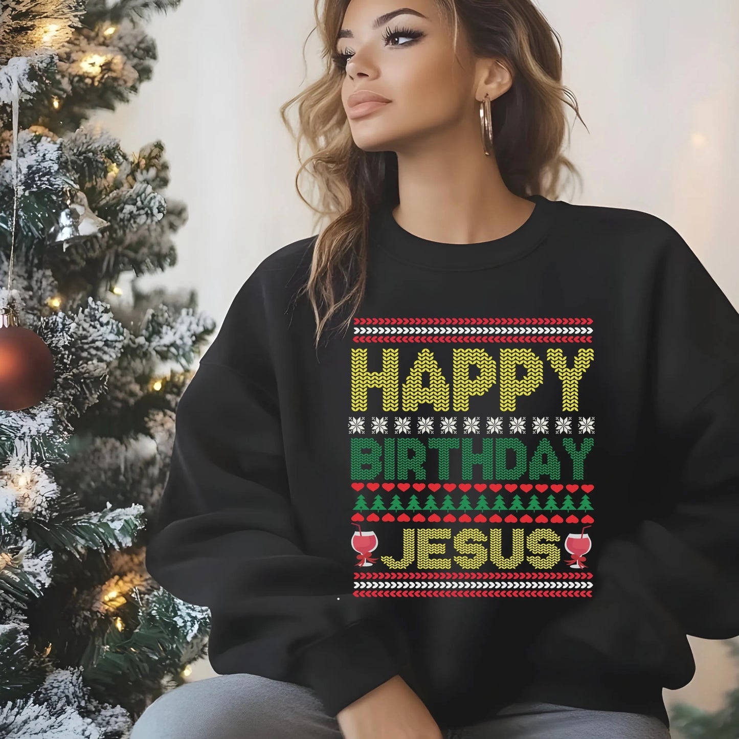 Happy Birthday Jesus Ugly Christmas Sweatshirt Christmas Gift, Religious Apparel, Holiday Wear, Church Event Sweatshirt Gift for Her