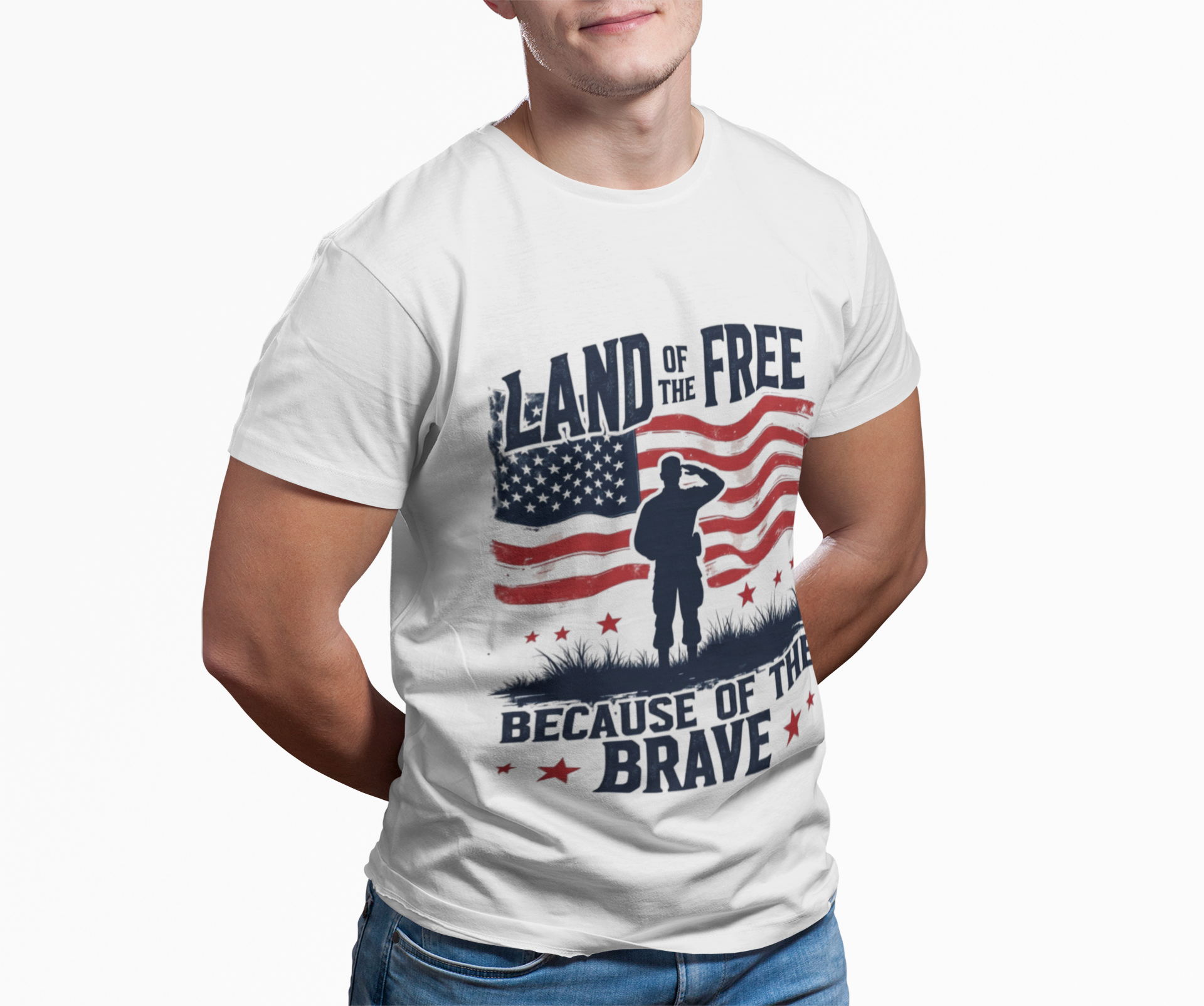 Land of the Free because of the Brave on model white