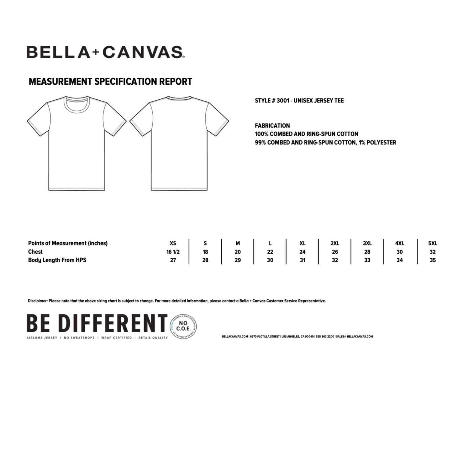 Measurement specification chart for Bella+Canvas t-shirts with fabric details and size chart.
