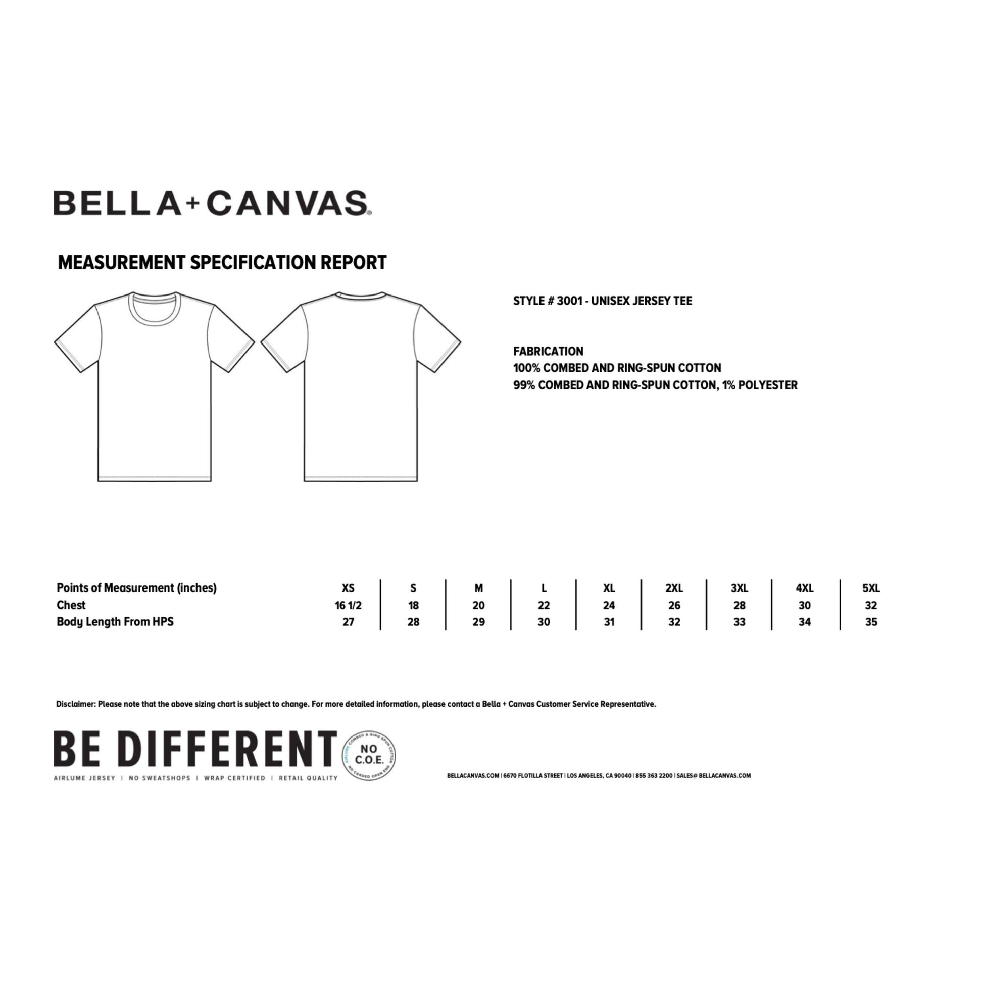 Measurement specification report for Bella+Canvas t-shirts on a white background
