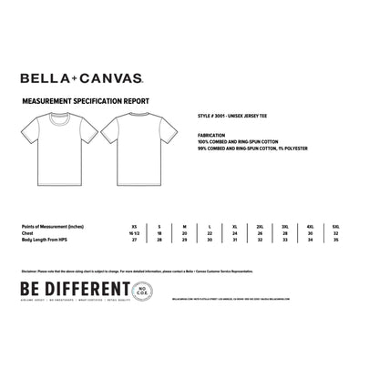 Measurement specification report for Bella+Canvas t-shirts on a white background