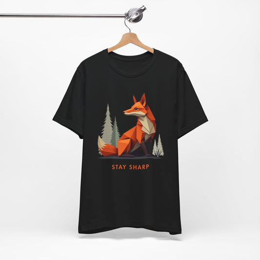 Origami Fox Stay Sharp Black T-Shirt on hanger