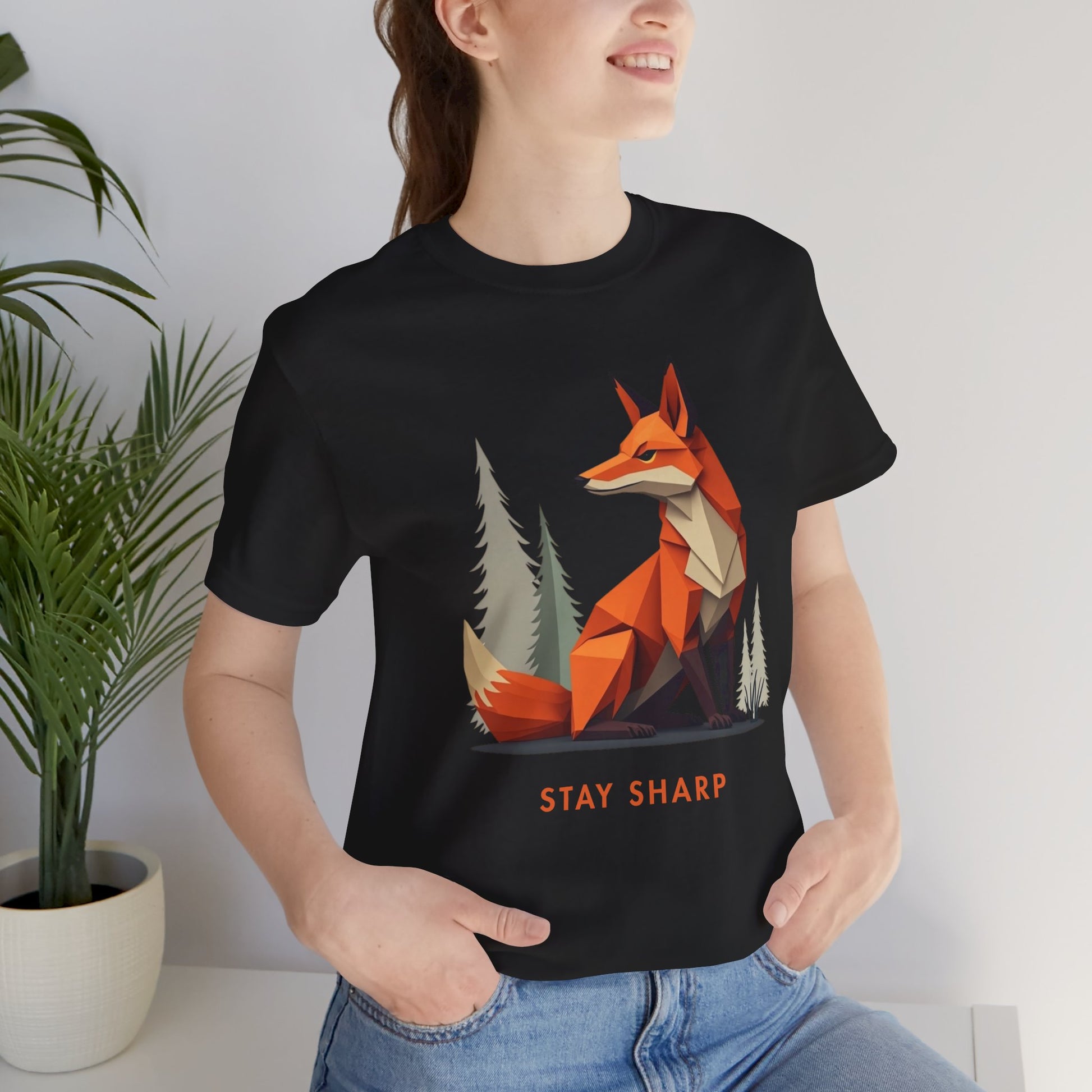 Origami_Fox_Stay_Sharp_black_T-Shirt on model