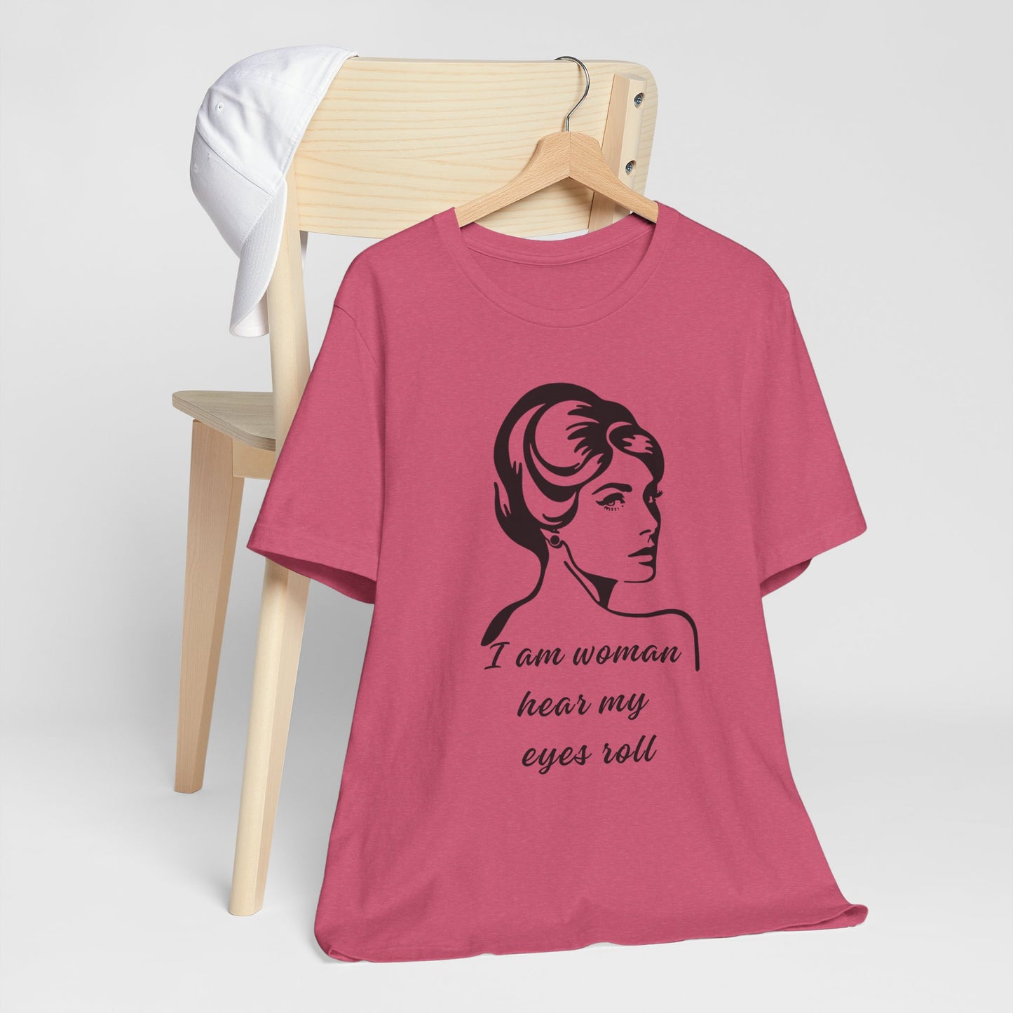 Sassy_I_Am_Woman_Hear_My_Eyes_Roll_-_Black_Beauty_on_Raspberry on hanger