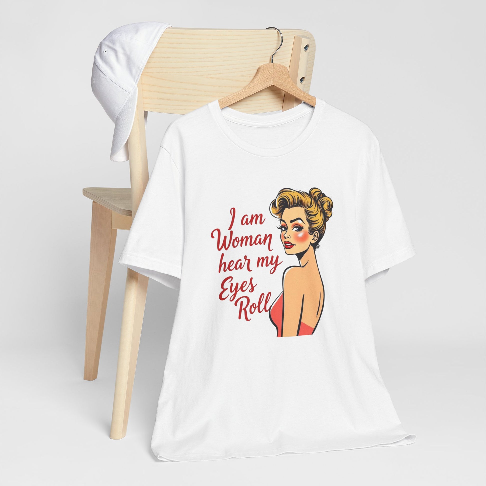 Sassy_Woman_T-Shirt-_I_am_Woman_-_coloured on white on hanger