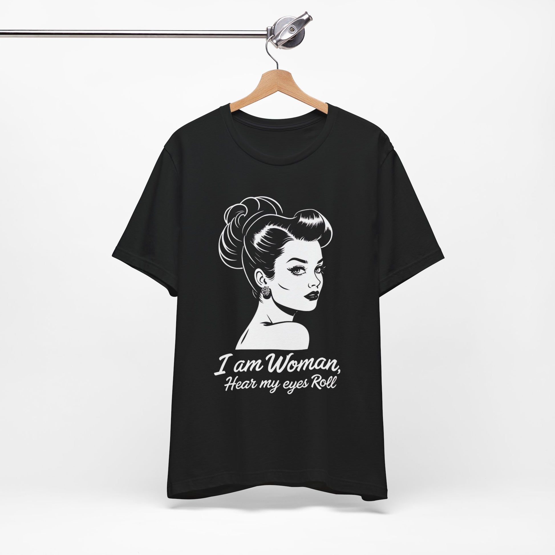 Sassy_Woman_T-Shirt-_I_am_Woman_-_white on black on hanger