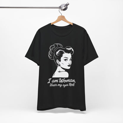 Sassy_Woman_T-Shirt-_I_am_Woman_-_white on black on hanger