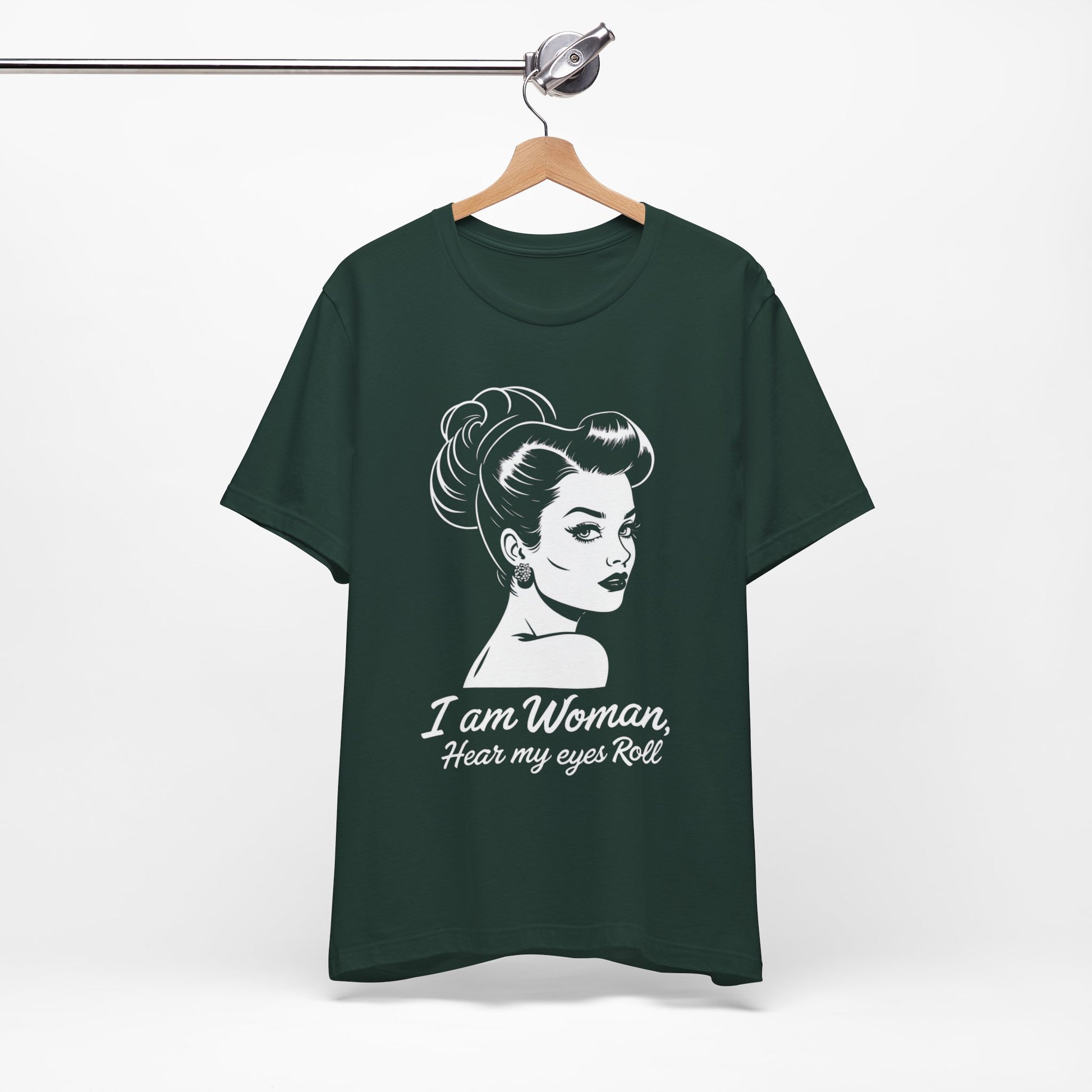 Sassy_Woman_T-Shirt-_I_am_Woman_-_white on green on hanger