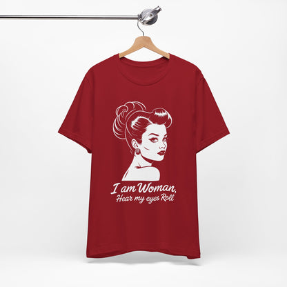 Sassy_Woman_T-Shirt-_I_am_Woman_-_white on red on hanger