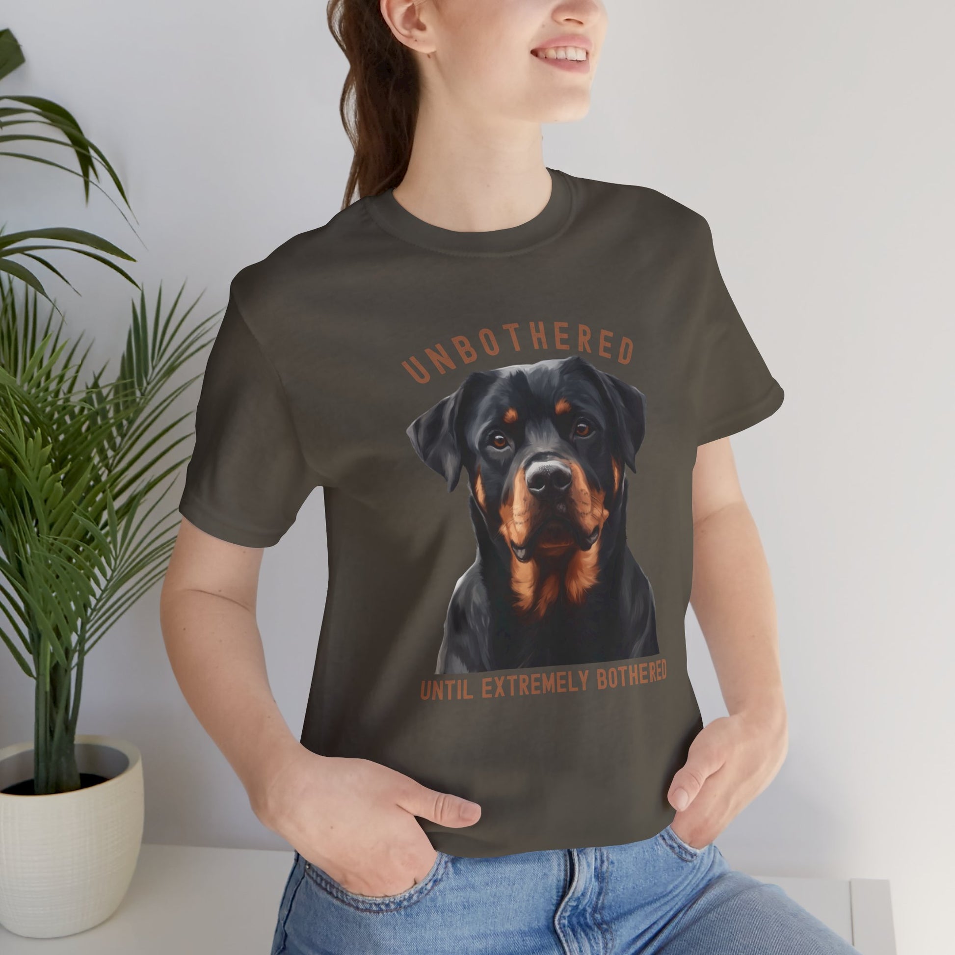 Unbothered Rottweiler Graphic Army T-Shirt - Dog Designs on model