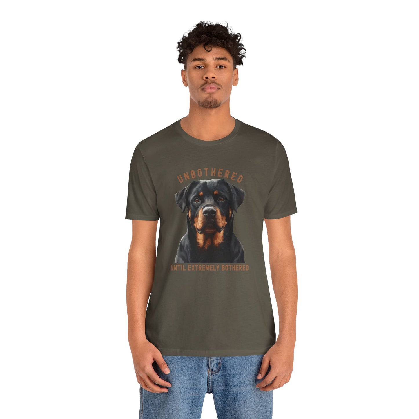 Unbothered Rottweiler Graphic Army T-Shirt - Dog Designs on model2