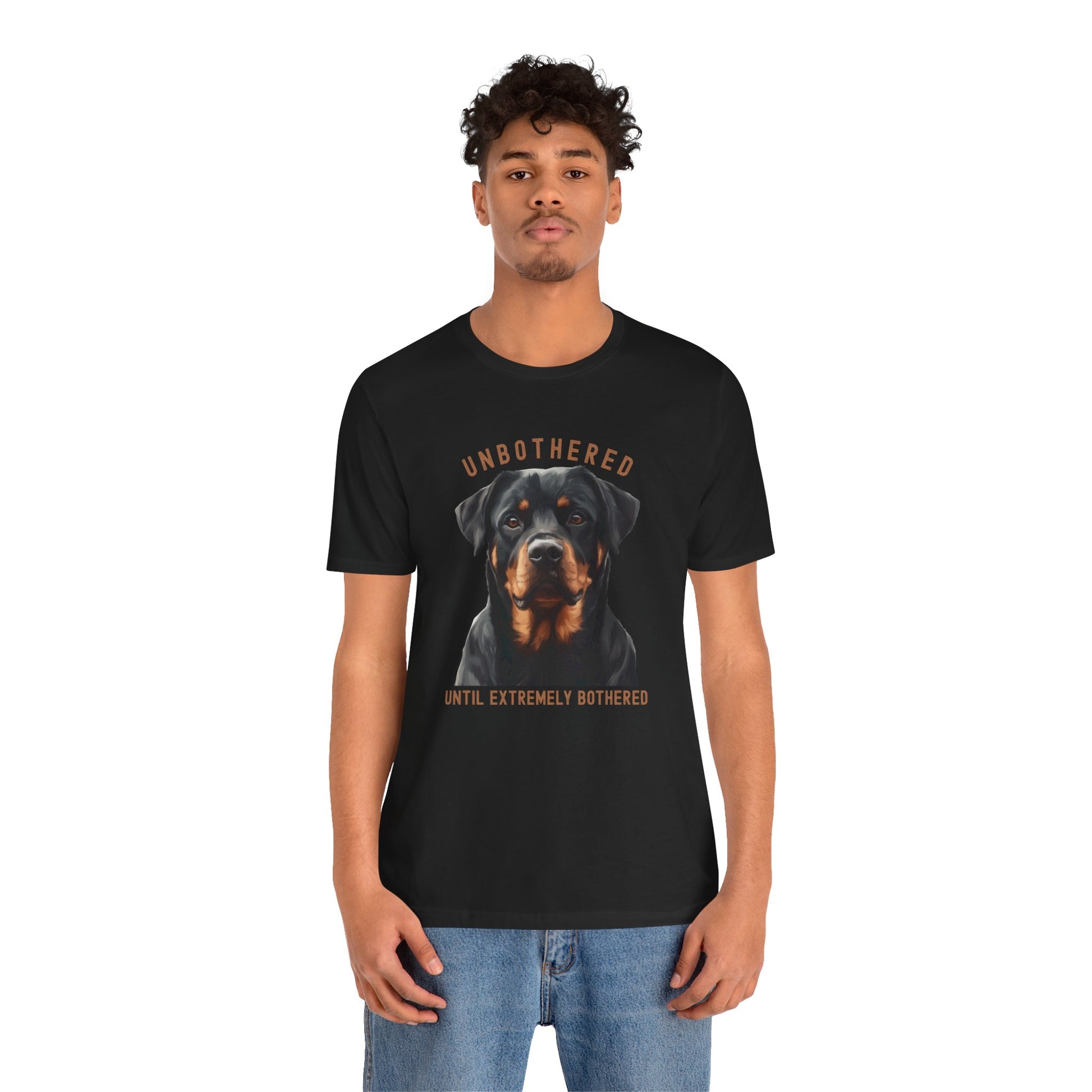 Unbothered Rottweiler Graphic Black T-Shirt - Dog Designs on model2