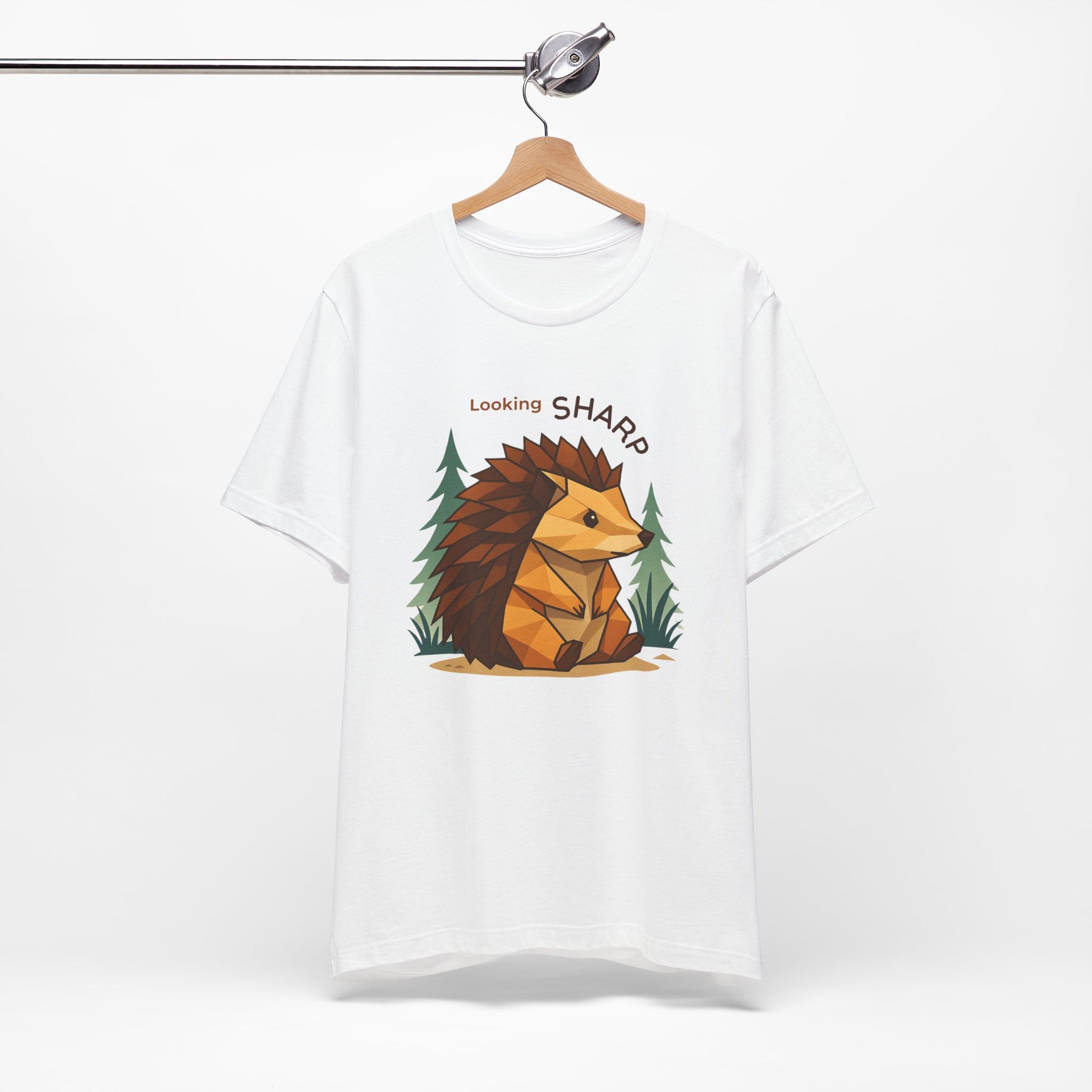 White - Looking Sharp Hedgehog T-shirt - Geometric Origami Design on hanger