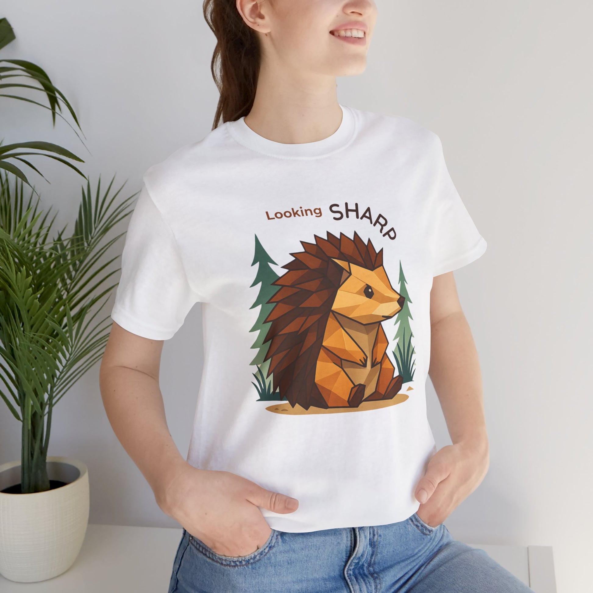 White - Looking Sharp Hedgehog T-shirt - Geometric Origami Design on model
